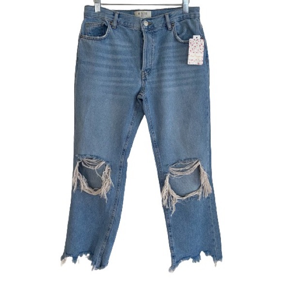 Free People Denim - Free People Maggie Mid Rise Lightwash Distressed Boyfriend Wide Leg Jeans
